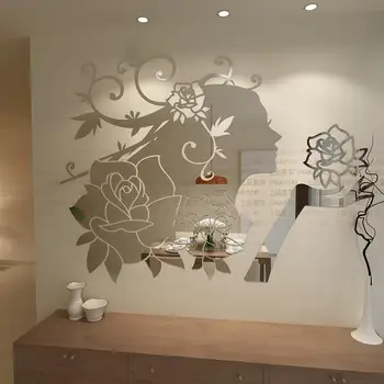 Nye 2016 3D Piger Prinsesse Blomster wallstickers Tre-dimensionelle tegnefilm akryl spejl overflade wall stickers