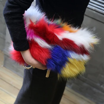 Nye 2017 Farverige Ægte Pels Kvinder skuldertaske Fox Fur Kausal Kobling Taske Læder Kvinder Taske Lady Kæder Taske Luksus Taske