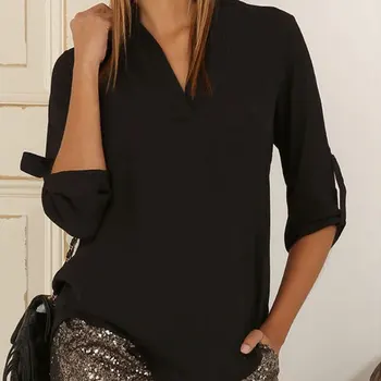 Nye 2017 Fashion Kvinder Sexy-V-Hals Chiffon Bluse Shirt med Lange Ærmer Casual Solid Kvinder Toppe plus størrelse S-5XL Blusas Femininas