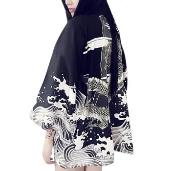 NYE 2017 Japansk Stil Harajuku Bølger og Vind Dragon Kimono Vintage Print Chiffon Sommer Cardigan W1