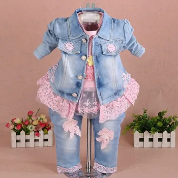 Nye 2017 piger tøj sæt 3stk kids pige denim sæt baby pige tøj sæt til fødselsdag jakke+t-shirt+jeans tøj sæt