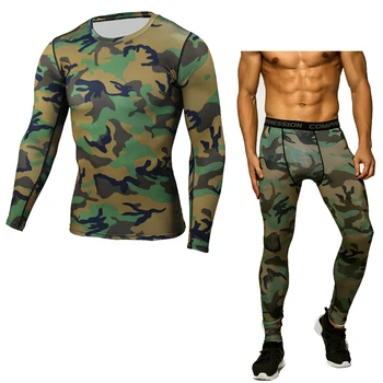 Nye 2017 Trænings-Og Mænd Sæt Camouflage Kompression Shirts + Leggings Base Lag Crossfit Mærke Langærmet T Shirt Tøj