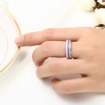 Nye 2stk/sæt Lilla Ring Sæt Keramik Rustfrit Stål Med Bling Crystal Cubic Zirconia For Kvinder Mode Smykker Wedding Party
