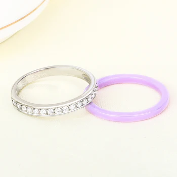 Nye 2stk/sæt Lilla Ring Sæt Keramik Rustfrit Stål Med Bling Crystal Cubic Zirconia For Kvinder Mode Smykker Wedding Party
