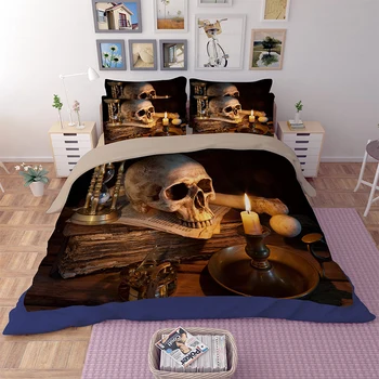 Nye ankomst 3D menneskelige skelet sort skull death ' s head design twin værelse med queensize-seng ark sæt sengetøj duvet cover sæt sengetøj sæt