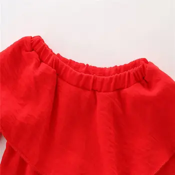 Nye ankomst lille Barn Børn Baby Pige langærmet flæser røde T-Shirt, Toppe+blomster Denim Jeans Bukser 2stk modetøj Tøj Sæt