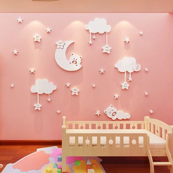 Nye ankomst Sød bjørn Akryl 3D wall stickers Stjerner på himlen børneværelse baggrund Væg dekoration Hot salg