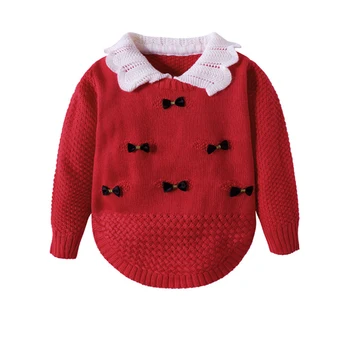 Nye Baby Pige Pullover Med Lange Ærmer Strikket Sweater Kids Søde Bue Piger Efteråret Sweater Flæse Krave Vinteren Piger Tøj 2-5 T