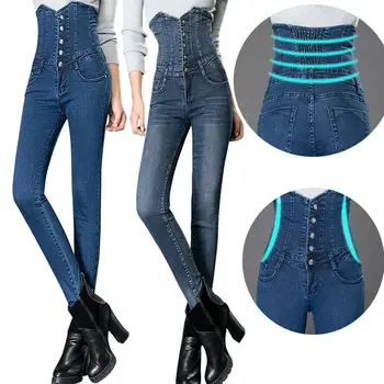 Nye elastisk talje jeans breasted tæve bukser blyant bukser fødder bukser kvinder plus størrelse 6XL