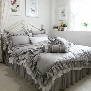 Nye Europæiske grå sengetøj sæt store flæsekanter blonder dynebetræk sengetøj rynke sengetæppe lagen til bryllup dekorative bed tøj