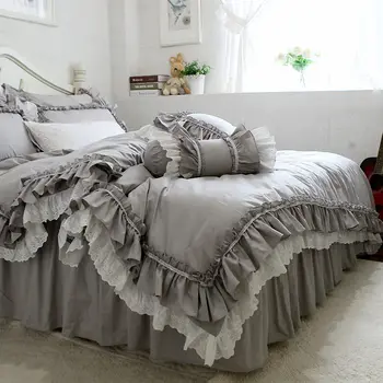 Nye Europæiske grå sengetøj sæt store flæsekanter blonder dynebetræk sengetøj rynke sengetæppe lagen til bryllup dekorative bed tøj