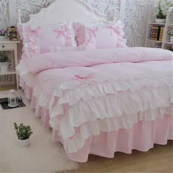 Nye luksus lag strøelse sæt søde prinsesse bue flæsekanter duvet cover bryllup sengetøj pink lagen pige baby bed nederdel dække