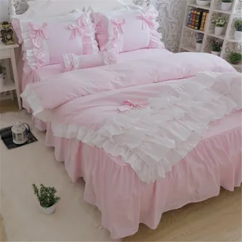 Nye luksus lag strøelse sæt søde prinsesse bue flæsekanter duvet cover bryllup sengetøj pink lagen pige baby bed nederdel dække