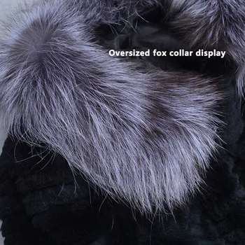 Nye mønster Ægte Kanin pels Fox fjer krave Bælte Fox cuff Stor størrelse vinter Rusland Kvinde mode Varm Lommer 5XL pels