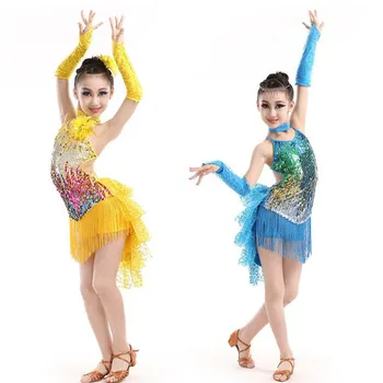 Nye piger kvast latin dans kjole til børn blå/rød sequined tango/rumba kostumer, dans praksis kjole kostumer konkurrence