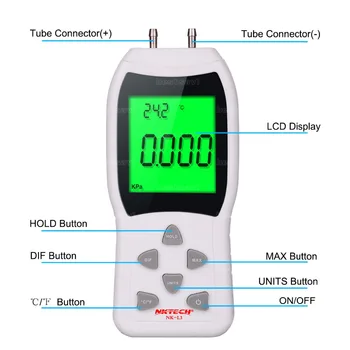 Nye Professionelle LCD-Digital Manometer Differentieret Air Pressure-Meter Måler kPa 3Psi Temperatur Måling 12 NKTECH NK-L3