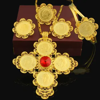 Nye Røde Sten Etiopiske Cross Coin Bryllup Smykker Sæt, 24K Guld Farve Smykker Afrikanske Romantiske Brude Smykker til Kvinder