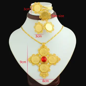 Nye Røde Sten Etiopiske Cross Coin Bryllup Smykker Sæt, 24K Guld Farve Smykker Afrikanske Romantiske Brude Smykker til Kvinder