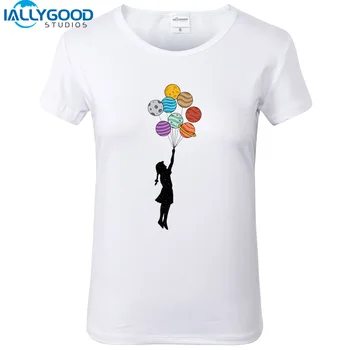 Nye Sommer Kvinders Mode Funny Girl Planeter balloner Trykt T-shirts Kvinder kortærmet Blød Bomuld Hvide Toppe S1267