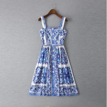 Nye sommeren kvinder vintage mode brand blå hvid porcelæn print kjole spaghetti strop knapper slank midi kjoler