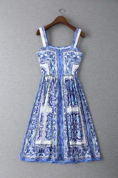 Nye sommeren kvinder vintage mode brand blå hvid porcelæn print kjole spaghetti strop knapper slank midi kjoler