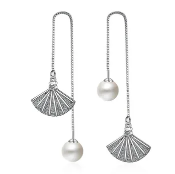 Nye Trendy Enkel 925 Sølv med Zirkonia fan Form Pearl Lang Dingle Øreringe til Kvinder, Kvindelige Øre wire Tilbehør, Smykker EH235