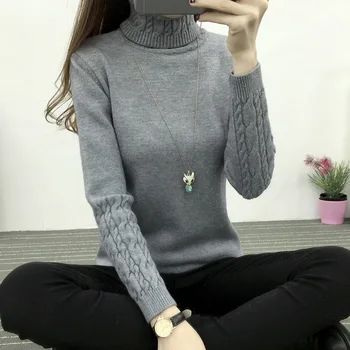 Nye vinter kjole koreanske Turtleneck Shirt-ærme kvindelige twist hoved fortykket slim slank sweater