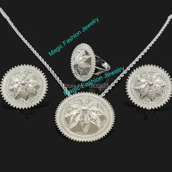Nyeste Etiopiske Krystal Vedhæng/Øreringe/Ring/Halskæde Smykker i Sølv, Forgyldt Habesha Smykker Afrikanske 4STK Bryllup Smykker Sæt