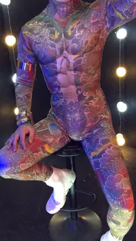 Nyhed Rune Natklub mandlige DS kostumer Tatoveringer Trikot Strække buksedragt sexet slank body Bar sanger Pole dancing show fase DJ