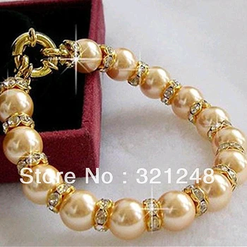 Nyligt gul charms simuleret-shell pearl 10 mm runde perler, guld-farve tilbehør diy gaver smykker at gøre 7,5 tommer GE5221