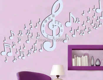 Nyt design, musik noter vægur spejl mærkat , 3D dekorativt ur wall sticker spejl