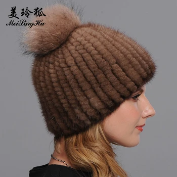 Nyt Mærke Real Mink Hat til Kvinder Vinteren Hånd på Tværs af Vævet Naturlig Ægte Pels Huer Dame Pige Cap Top Vaskebjørn Pels Pom Poms