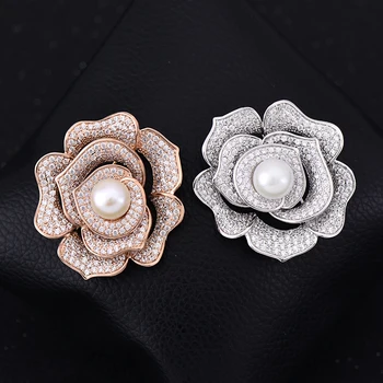 OBN Luksus Sølv Tone Micro Banet CZ CC Camellia Blomst-Broche Pearl Romantisk Berører Smykker Til Kvinder Gave