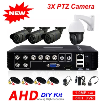 Offentlig 8CH 1080N 5-i-1 Hybrid DVR AHD 720P 4CH 1500TVL Sikkerhed Kamera System 3X ZOOM PTZ-Kamera Pan Tilt Overvågning DIY KIT