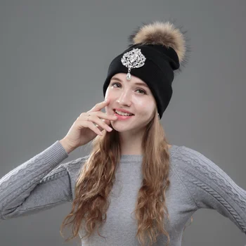 OHCOXOC Nye Kvinder Huer Real Mink Pels Pom Poms Bolden Cap Holde Varme Huer Skullies Store Skinnende Rhinsten Efterår og Vinter Hat