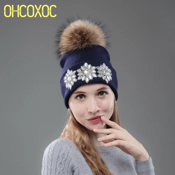 OHCOXOC Nye Kvinder Huer Ægte Ræv Pels Pom Poms Bolden Cap Holde Varme Huer Skullies Stor Hvid Blomst Rhinestone Vinter Hat