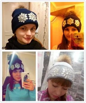 OHCOXOC Nye Kvinder Huer Ægte Ræv Pels Pom Poms Bolden Cap Holde Varme Huer Skullies Stor Hvid Blomst Rhinestone Vinter Hat