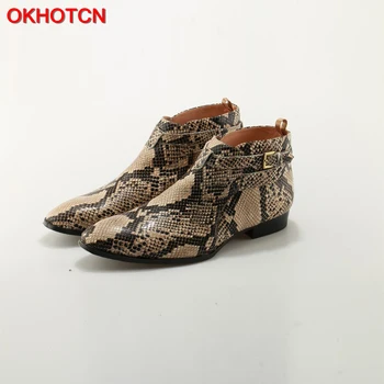 OKHOTCN Nye Præget Python Læder Spænde Remmen Mænd Ankel Støvler i Slangeskind Fladskærms Hæle Baner Riding-Cowboy Støvler Chelsea Støvler