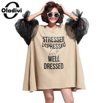 Oladivi Oversize Kjole Plus Size Kvinder Brev Print Organza Patchwork Bomuld Kjole Mode Dame Casual Løs Stil, Toppe, Tunika Styles