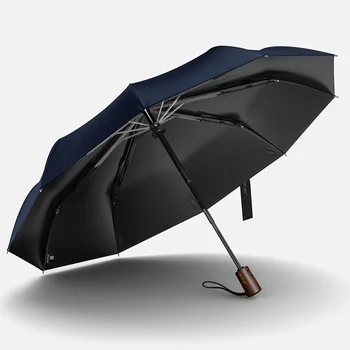 OLYCAT Nye Ankomst Automatisk Mænd Paraply Tre gange Træ-Håndtag Sort Belægning Solen Folde Parasoller 10K Vindtæt