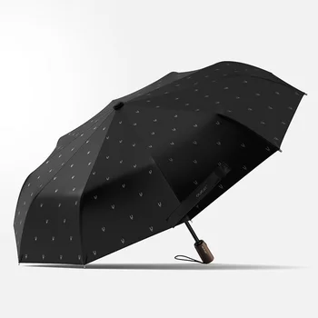 OLYCAT Nye Ankomst Automatisk Mænd Paraply Tre gange Træ-Håndtag Sort Belægning Solen Folde Parasoller 10K Vindtæt
