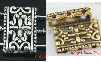 OMH engros Antik Sølv&Golden Tibetansk Sølv 3-3 Hul Rektangel Spacer Perler 17x12mm ZL151