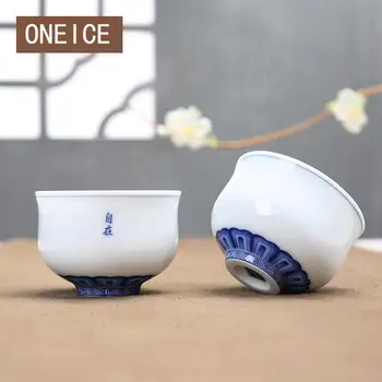 ONEICE Kinesisk Stil Fine Håndlavede og håndmalede Blå og hvid porcelæn Små Kung Fu Kop Te