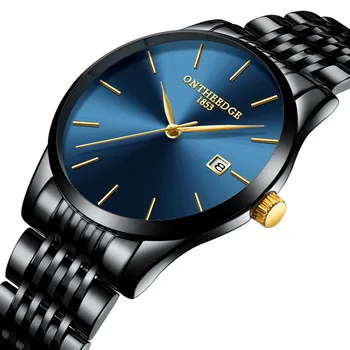 ONTHEEDGE herre armbåndsure luksus sort blå guld rustfrit stål mand ure 30m vandtæt kalender oprindelige mænds ure