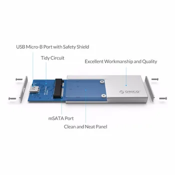 ORICO MSA-UC3 Type C-Port Aluminium mSATA til USB 3.0-SSD Kabinet Adapter Tilfælde, Indbygget ASM1153E Controller - Sølv
