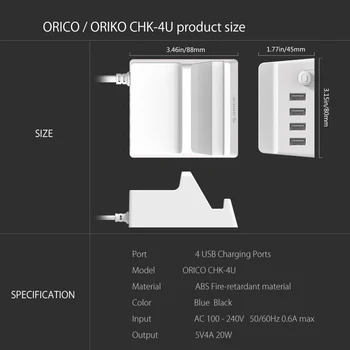 ORICO Oplader&Holder Med 4 Ports USB-Oplader 5V4A Bærbare Rejse Desktop Oplader Adapter, EU, US, UK Stik Oplader til Telefonen