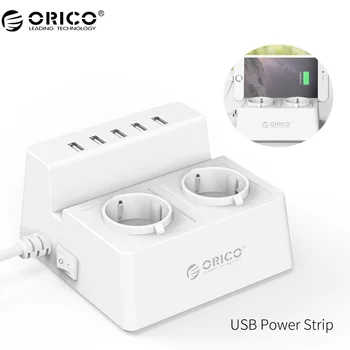 ORICO Power Strip Smart Socket Opladning Desktop Oplader med 2 Stikkontakter og 5 USB-Porte til Telefoner,Tablets og Desktops(ODC)