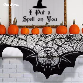 Ourwarm Halloween Fest Dekoration Spider Web Flagermus Pejs Mantel Tørklæde 50x200cm Black Lace Polyester Flagermus Dække