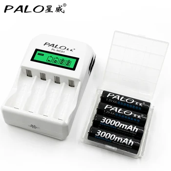 PALO C907W Med 4 Slots Intelligente LCD-Skærm Batteri Oplader Til AA AAA NiCd NiMh med 4*3000mAh AA Genopladelige Batterier