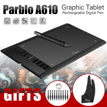 Parblo A610 ( +10 Ekstra Nibs) Grafik, Tegning Digital Tablet 2048 Niveau Pen + Anti-fouling Handske (Gave)